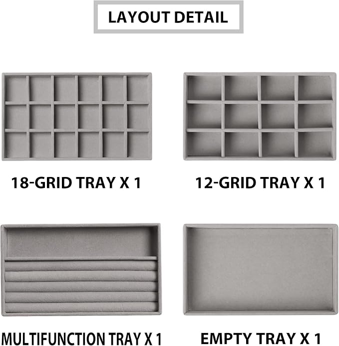 Frebeauty Jewelry Trays for Drawer,Set of 4 Jewelry Organizer and Storage | Velvet Material,Earring Holder Organizer,Stackable Jewelry Display for Vanity,Drawer Inserts for Rings,Studs,8.3×4.9 inch