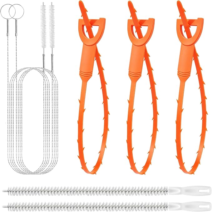 Drain Snake Clog Remover—60inch Sink Snake Brush,20inch Multi-tooth Clog Remover,18inch Cleaning Brush,Drain Auger Cleaner Tool Set for Bathtub,Fish Tank,Sewer,Kitchen Sink,Drainage Pipe(7PCS)