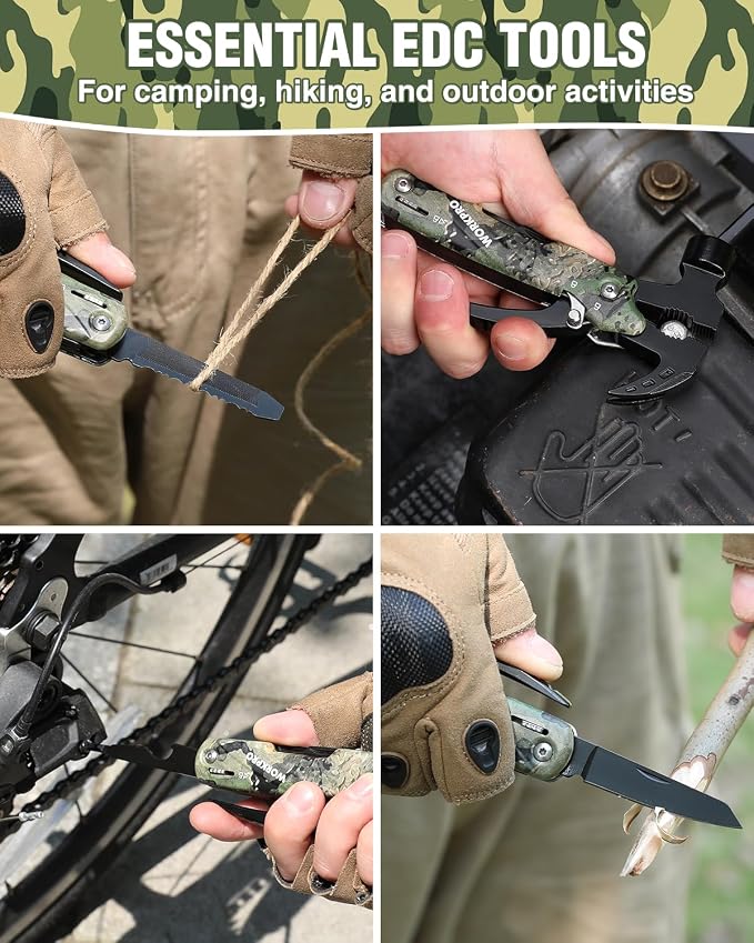 WORKPRO 12 in 1 Camping Tools with Mini Hammer | EDC Gear Multi Tools Hammer with Safety Lock and Pouch-Mini Multitools Gifts for Men and Women-Camouflage