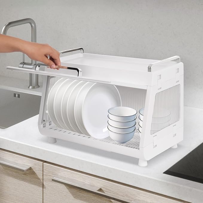 Dish Drying Rack with Lid Cover - 2-Tier Foldable Drain Board, 33lb Capacity Countertop Organizer for Plates, Bowls & Utensils, Space Saving Kitchen Storage (Clear White)