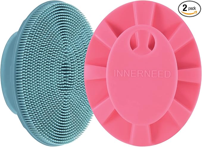 Silicone Face Brush Handheld Facial Cleansing Scrubber, Dark Green+Pink | Gentle Exfoliating, Massaging, Makeup Remover, Oil Remover, Food-grade Soft Bristle, Hygienic for All Skin Types, INNERNEED