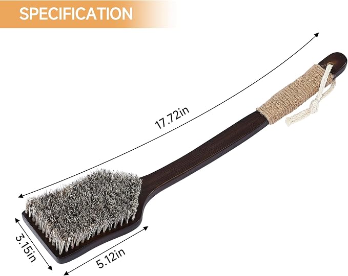 Back Scrubber Shower Brush,Dry Brushing Body Brush with 17.7 Inch Curved Long Handle, Natural Bristles for Lymphatic Drainage, Soft & Stiff Bristles Available (Natural Fiber, Soft)