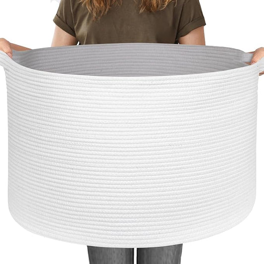 MEGASKET 115L White Cotton Rope Storage Basket, 23.6"x15.7" Extra Large Blanket Storage Living Room, XXXL Soft Toy Bin for Organizing, Woven Baby Laundry Basket with Handle, Wicker Hamper Nursery