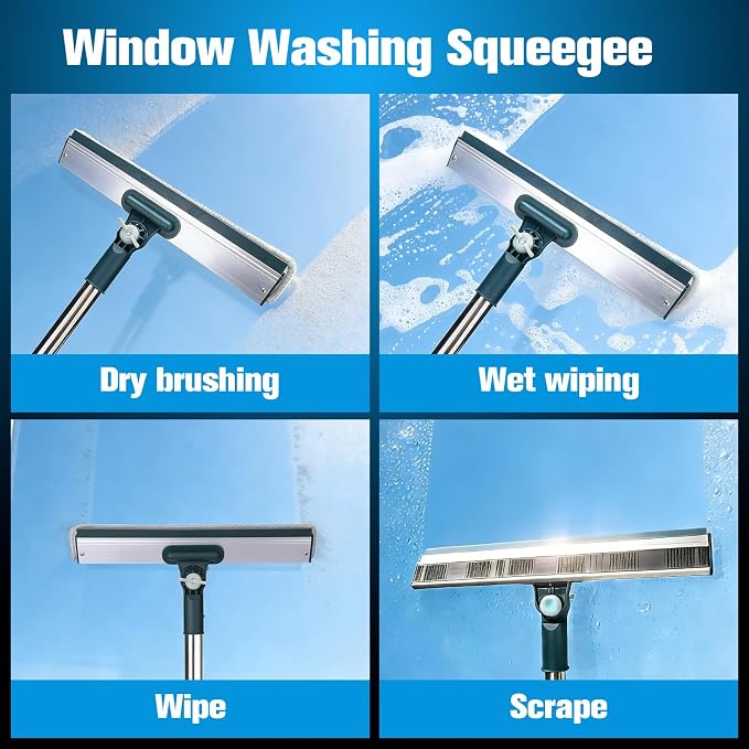 XANGNIER Window Cleaning Kit Tool with Storage Bucket & Extension Pole | Window Washing Kit with Extension Pole,Professional Windows Washer Cleaner Squeegee Kits,Indoor&Outdoor High Windows