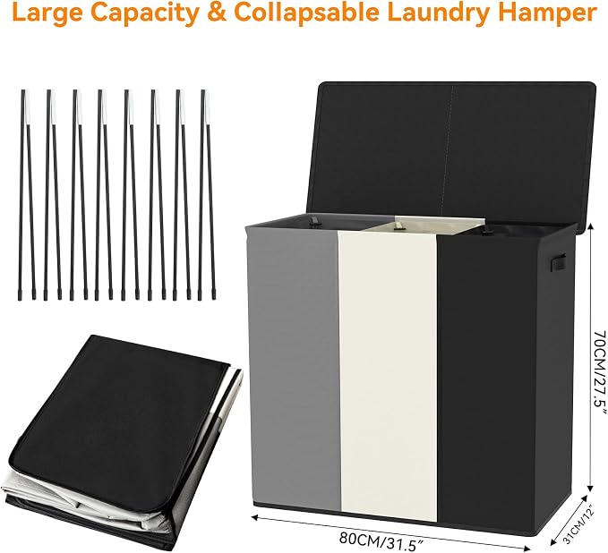WOWLIVE 180L Laundry Hamper 3 Section, Large Laundry Basket with Lid | Dirty Clothes Hampers with Removable Bags and Handles, Collapsible Laundry Basket Organizer for Dorm Room, College