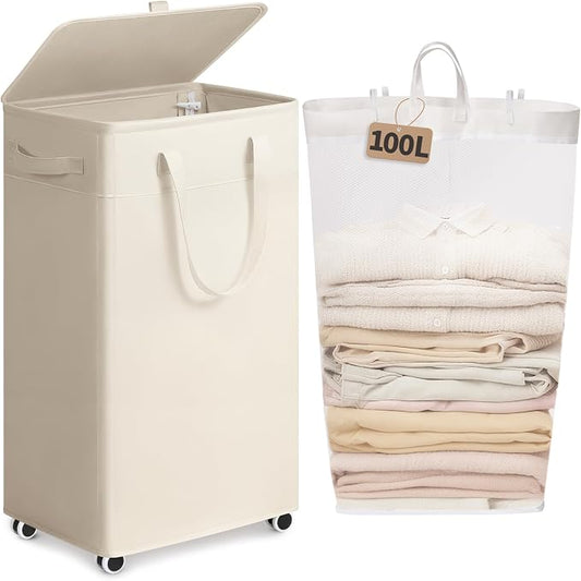 Goodpick 100L Collapsible Laundry Hamper with Wheels and Lid, White | Removable Wash Bag, Reinforced Handles, Home Organization, Laundry Room & Bathroom Storage, Clothes, Towels & Bedding