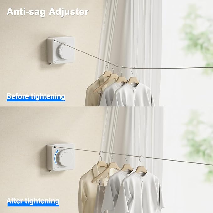 MUSTORN Retractable Clothesline Indoor, Non-Sagging Outdoor Clothes Line Retracting Heavy Duty Clothes Drying Laundry Line Wall Mounted Stainless Steel Line-15.1 Feets(Square-White)