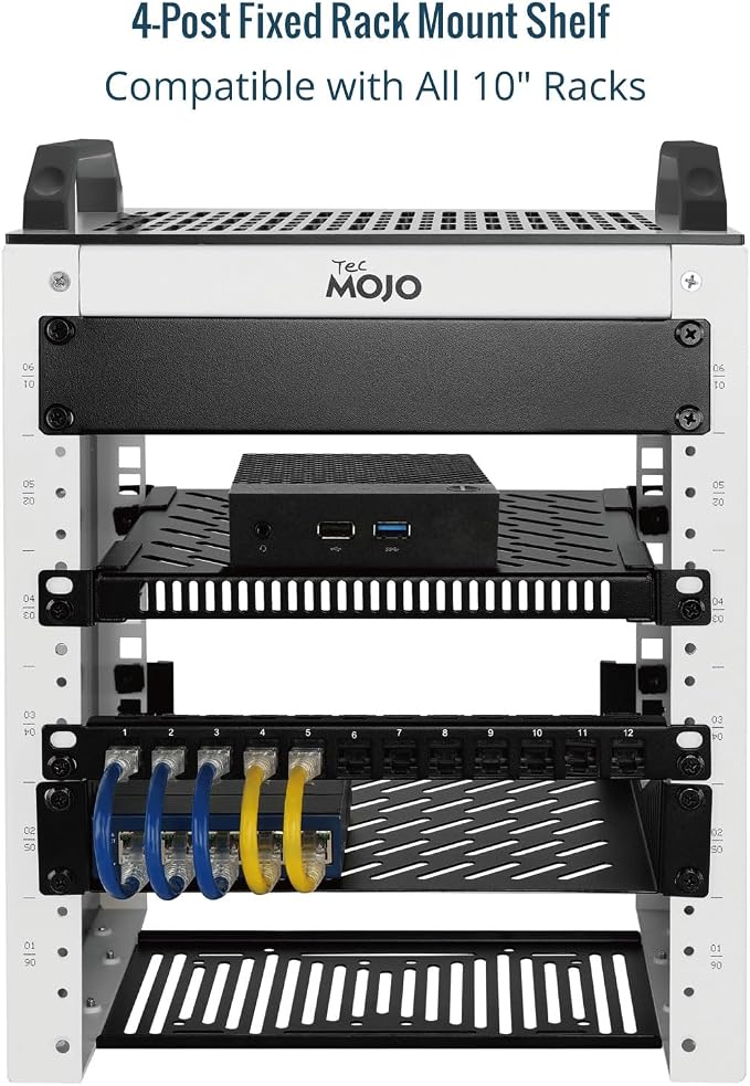 Tecmojo 0.5U Rack Shelf for 10" Server Rack & Cabinet, Adjustable 7.87-10.24" Depth, Vented Metal Tray, Heavy Duty Support up to 66 lbs, Enhanced Ventilation, Black