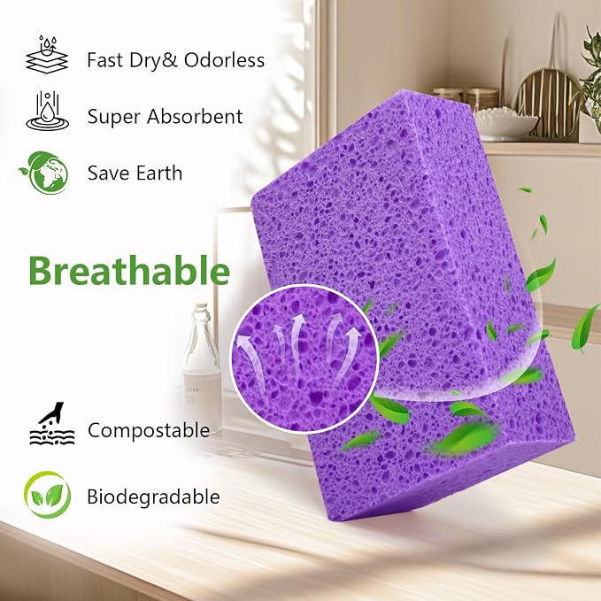 Cleaning and Washing Sponge, 3 Pack Large Extra Thick Heavy Duty Sponge Multi-Purpose for Kitchen Bathroom Bike Boat Car, Natural Cellulose Sponges 4" X 6" X 2" (Purple)