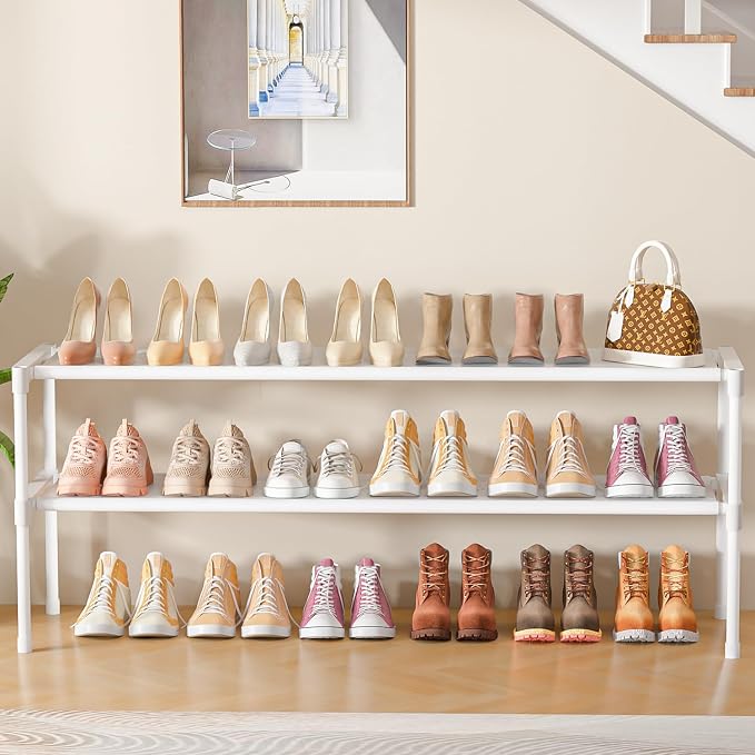 LUKYTOWER Extra Long Shoe Rack 2 Tier Wide Shoe Storage Organizer | Sturdy Durable Shoes Rack for Closet, Entryway, Dorm, Save Space Stackable Shoe Shelf Stand Holder