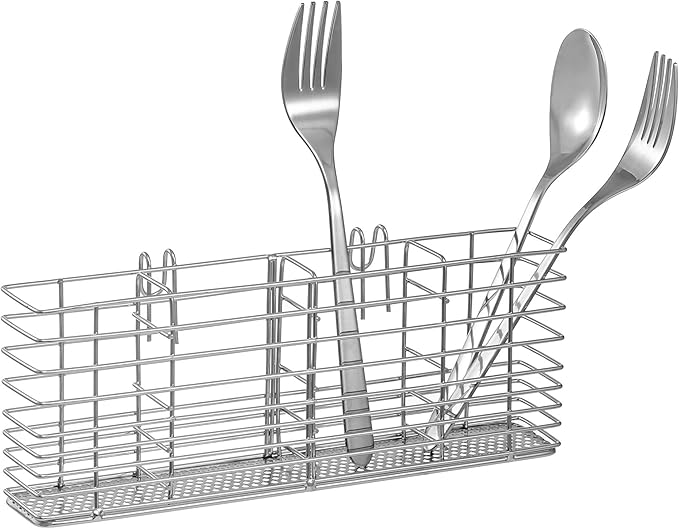 Slideep Cutlery Utensil Silverware Drying Rack, Flatware Storage Solution Basket with Hooks for Kitchen Dish Drainer Dish Drying Rack, RustProof 304 Stainless Steel