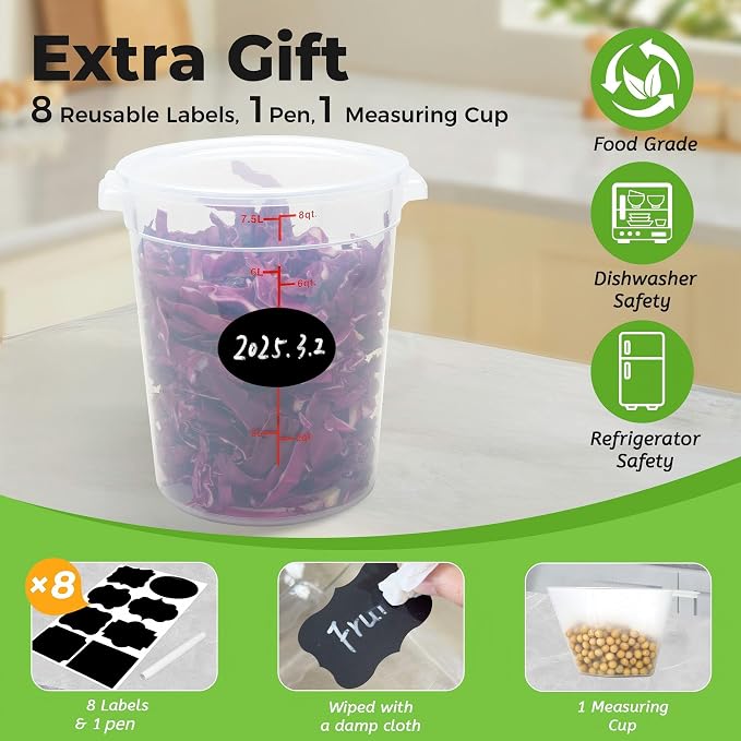 BIEAMA 4 Pack 8 Qt Round Food Storage Containers with Lids, Translucent PP | Include lids, labels, measuring cups and containers with capacity markings for food prep, pantry storage and dough proofing.