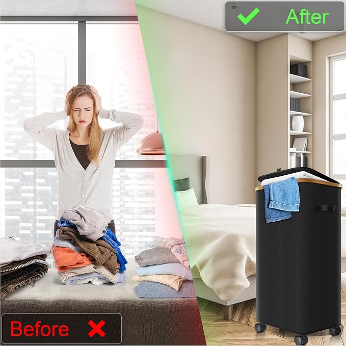 Laundry Hamper with Wheels,20 Gal (75L) Laundry Basket with lid Rolling Clothes Hamper Foldable Dirty Clothes Basket on wheels with Bamboo Frame and Bag for Bedroom, Dorm, Laundry Room-Black | Clothes Hampers for Laundry with Inner Bag, Dirty Clothes H...