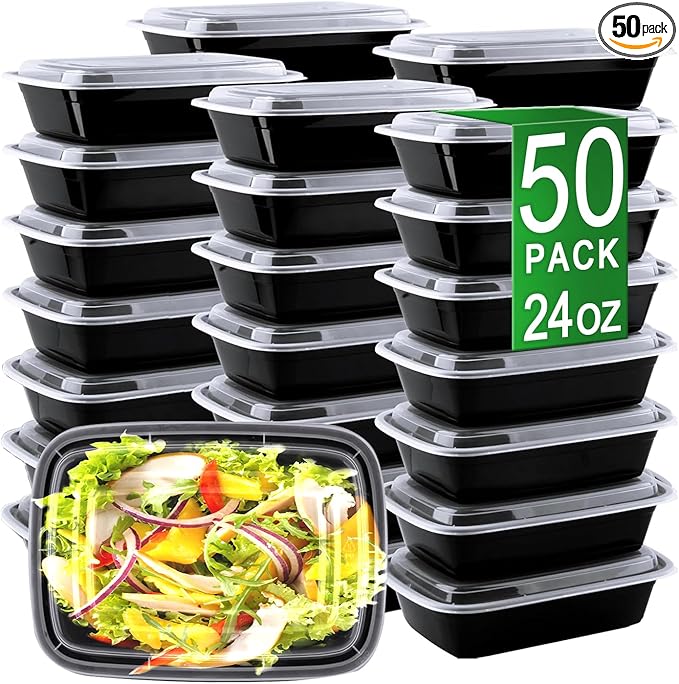 Meal Prep Containers, 50 Pack 24oz (100-Piece) Disposable Take Out Food Storage Containers with Leakproof Lids, Reusable Plastic To Go Lunch Boxes, BPA Free, Microwave/Dishwasher/Freezer Safe