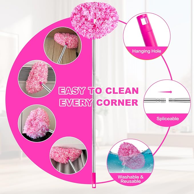 Ceiling Fan Cleaner Duster Reusable Microfiber Ceiling Fan Blade Cleaner Removable Duster with Extension Pole Adjusts 13 to 49.7 Inch for Cleaning Walls Furniture Door Window Top (Rosy White)