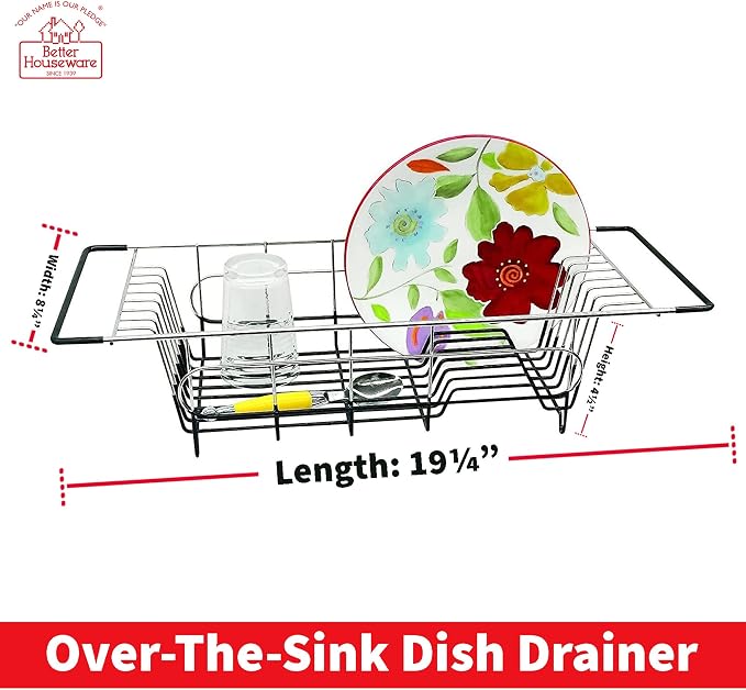 Better Houseware Over The Sink Dish Drying Rack, Space-Saving Stainless Steel Dish drainers for Kitchen Sink, Adjustable Sink Dryer Rack for Dishes