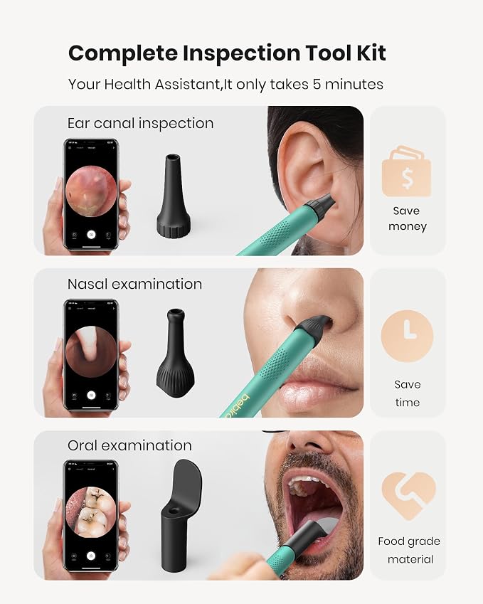 BEBIRD R1 Wax Removal Tool for Ear - Spade Ear Canal Cleaner with Camera 1080P Earscope, Wax Remove Ear Picker with Vari Replacement Tips, Camera with 6LED Light, Green