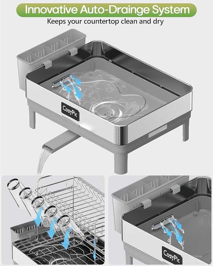 2 Tier Dish Drying Rack, Thicker Premium 304 Stainless Steel Dish Racks for Kitchen Counter, Automatic Drainage Spout, Dish Drainer & Drainboard Set with Utensil Holder and Cup Holder, Grey