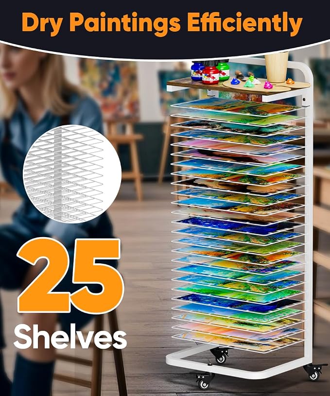 mocomax Art Drying Rack for Painting, Metal Paint Drying Stand, Movable Paint Drying Rack with Lockable Wheels, Art Canvas Storage Rack for Classroom & Art Studio, 25 Removable Shelves with Top, White