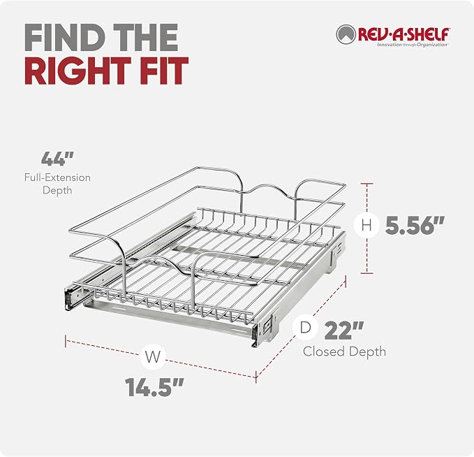 Rev-A-Shelf Steel Wire Pullout Drawer Organizer Shelf for Kitchen Cabinets, Slide Out Storage Basket, Min Opening Width of 14.5", 15" x 22", 5WB1-1522CR-1