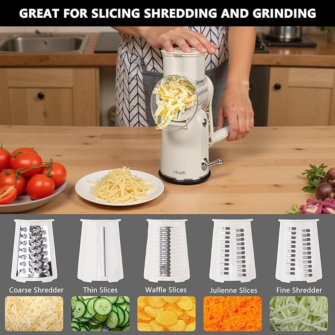 Rotary Cheese Grater with Handle – Includes 5 Stainless Blades and Feature Strong Suction Base – Easy to Clean, Cheese Shredder Hand Crank, Multi-Purpose Slicer (White)