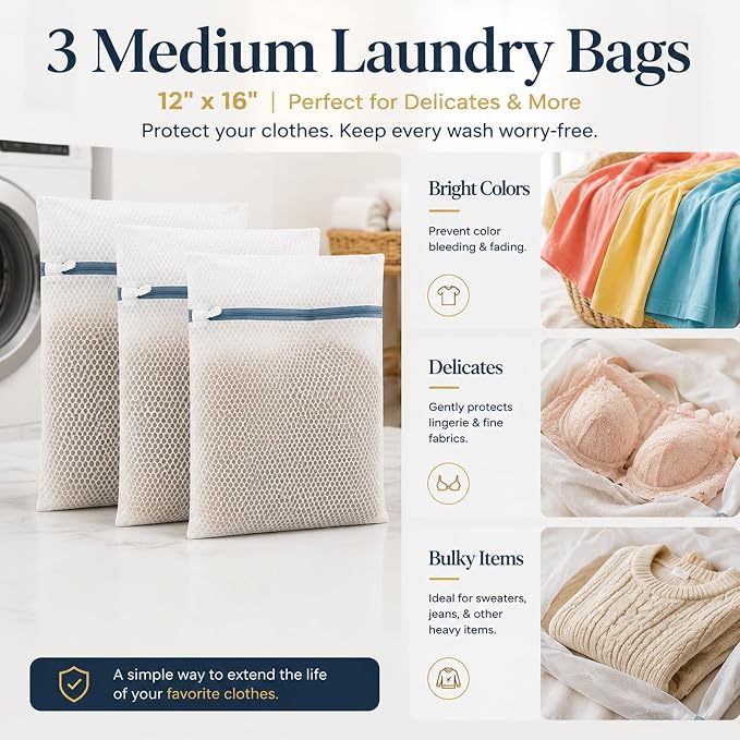 Lingerie Bags for Washing Delicates 3Pcs, Laundry Wash Bag, Honeycomb Mesh Laundry Bag 12x16 Inch Medium