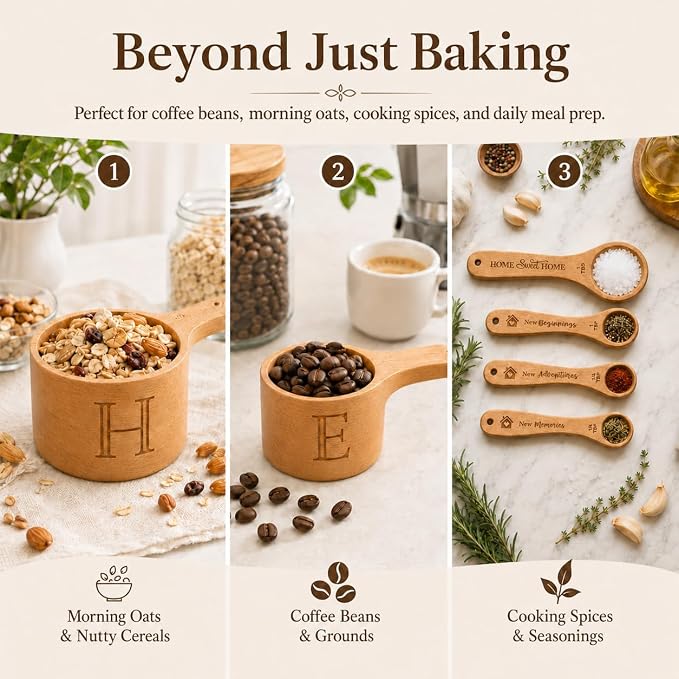 House Warming Gift New Home, Wooden Measuring Cups and Spoons Set, Housewarming Basket for Homeowners Couple Women, Closing Gifts for Home Buyers, First Apartment Kitchen Gadgets for Cooking & Baking