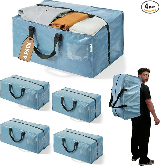 WORKPRO 4 Pack Extra Large Moving Bags with Zippers & Carrying Handles Backpack Straps, Heavy-Duty Storage Tote for Space Saving & Storage, Alternative to Moving Box (Dusty Blue)