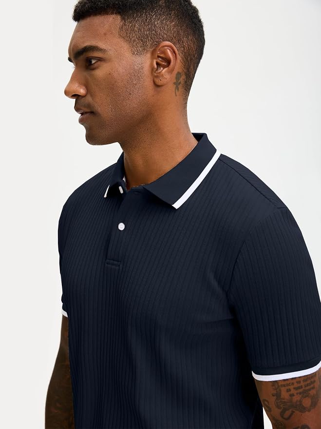 Comdecevis Men's Regular Fit Short Sleeve Knit Polo Shirts | Business casual, lightweight, breathable, stretch textured fabric, moisture wicking, easy care
