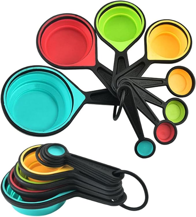 Collapsible Measuring Cups and Spoons Set, 8 Pieces, Silicone, Adjustable for Kitchen, Camping