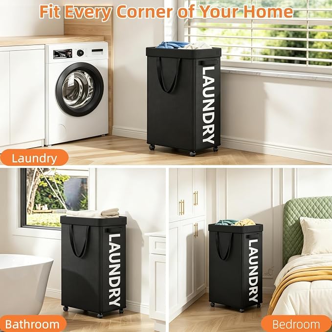 Optish Laundry Basket with Wheels, 90L Rolling Laundry Hamper with Wheels, Large Clothes Hamper on Wheel with Removable Mesh Bag for Bedroom, Dorm Room Essentials, Black