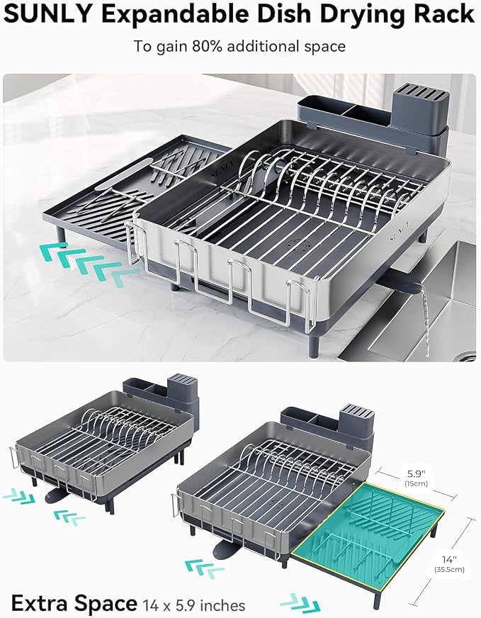 SUNLY Large Dish Drying Rack, Expandable Dish Racks for Kitchen Counter, Space Saving 304 Stainless Steel Drying Rack Kitchen, Extra Large Drainer with Multifunctional Flip Up Pegs, Gray