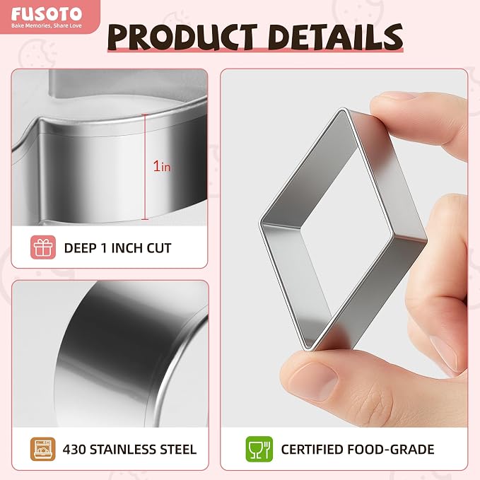 FUSOTO 6PCS Rhombus Cookie Cutters Set, Stainless Steel Kitchen Baking Supplies, for Biscuit, Homemade Cookies, Cake Decorating, Geometric Cookie Cutter, (1.5", 2", 2.5", 3", 3.5", 4"), Rhombus