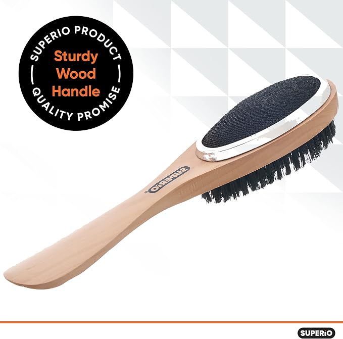 Superio 3 in 1 Lint Brush and Shoe Horn for Suit, Wool Coat, Sweaters, Shoes - Double Sided Portable Pet Hair Remover with Wood Handle