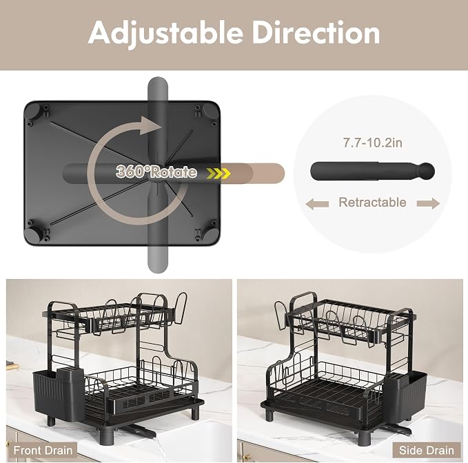 BOOSINY 2 Tier Dish Drying Racks for Kitchen Counter with Utensil Holder | Space Saving Black Stainless Steel Dish Drainer with Drainboard & Cups Holder for Small Space, Rust Proof, Auto Drain
