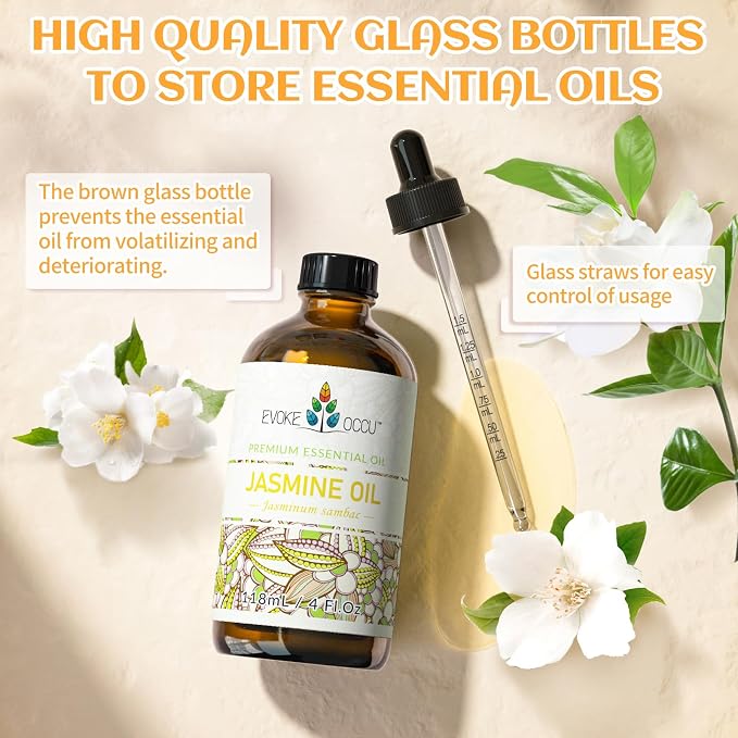 EVOKE OCCU Jasmine Essential Oil for Diffuser, Cleaning & Air Freshening | Mild Floral Aroma For Relaxation, Purify Air, Perfect For Spray & Diffuser Daily Use - 4 Fl Oz / 118ML