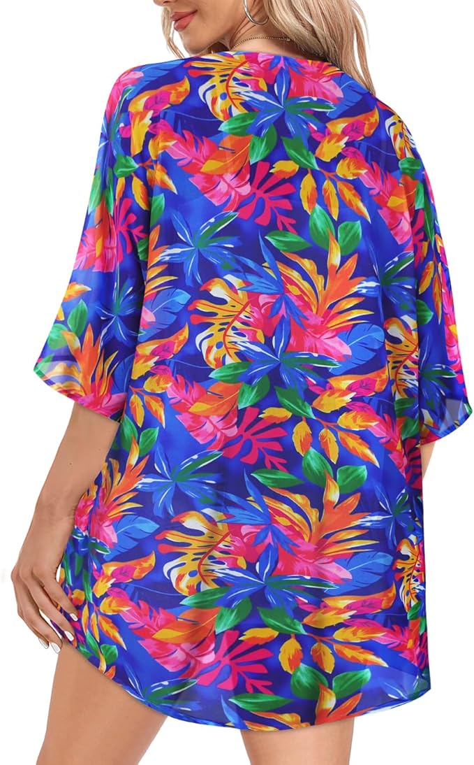 Women Kimono Cardigans Summer Cover Up Hawaiian Shirts Floral Print Tops | ROSEMIA chiffon kimono open front cardigans, beach cover ups, daily casual tops, cruise outfits, summer resort wear
