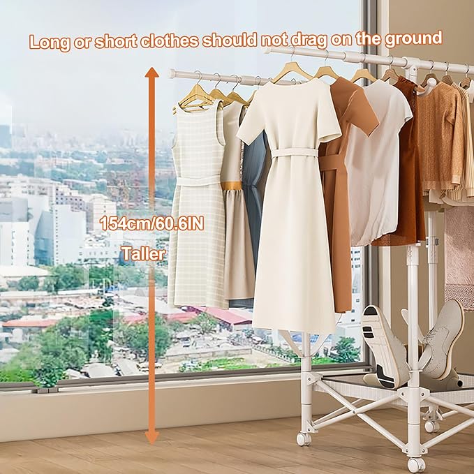 Foldable Collapsible Rolling Clothes Drying Rack,Adjustable Double Rods Laundry Airer(33.1–56.7"),Carbon Steel Pipe Standing Garment Rack for Indoor Outdoor Laundry Room (White, B)