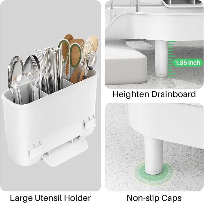 SAYZH Dish Drying Rack - Expandable Dish Rack for Kitchen Counter, Rust-Resistant Dish Drainer with Utensil Holder and Raised Guardrail, Kitchen Organizer for Cup and Bottle (White)