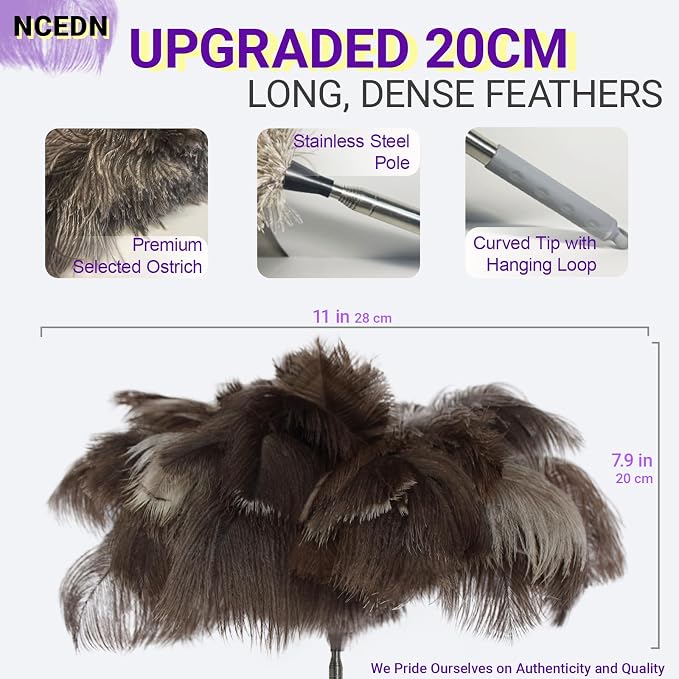 NCEDN Genuine Ostrich Feather Duster 40 Inches - Extendable Stainless Steel Handle, 8 Inches Long Thick Feathers, Telescopic Duster for Ceiling Fans, Blinds, Furniture, Car, Washable