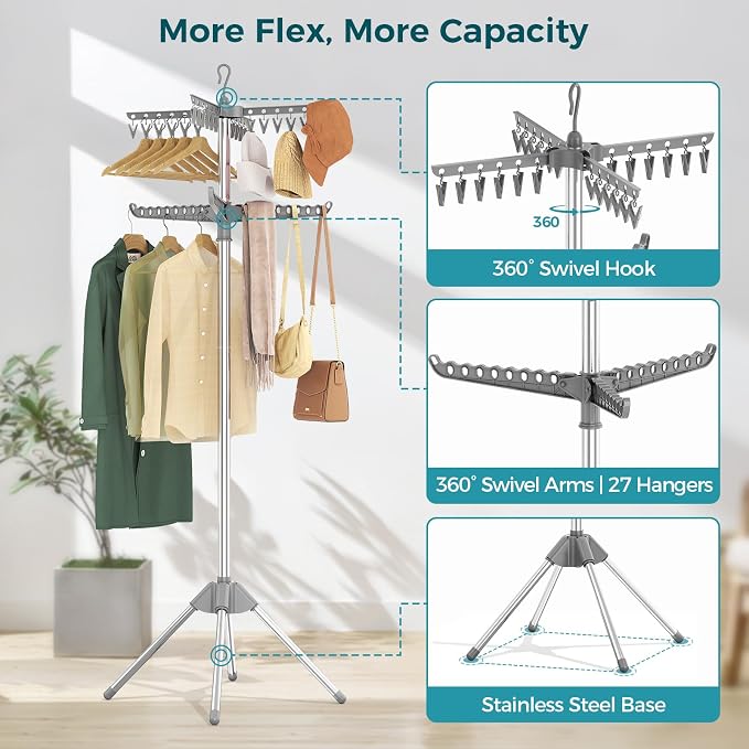 KINGBOARD 2-Tier Clothes Drying Rack, 72" H Drying Rack, 7 Rotatable Arms | 360° Rotatable Arms, 27 Hanger Holes, 24 Clips, Stainless Steel, Tool-Free Setup, Portable for Travel & Home, 30lbs Hold