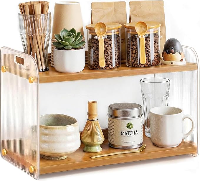 2 Tier Coffee Station Organizer - Acrylic & Pine Wood -15.75" x6.18" x9.37" | Easy-to-Clean coffee bar shelf, Matcha Station for Kitchen Countertops, for Placing Mugs, Coffee Beans, Syrup, Cups etc.