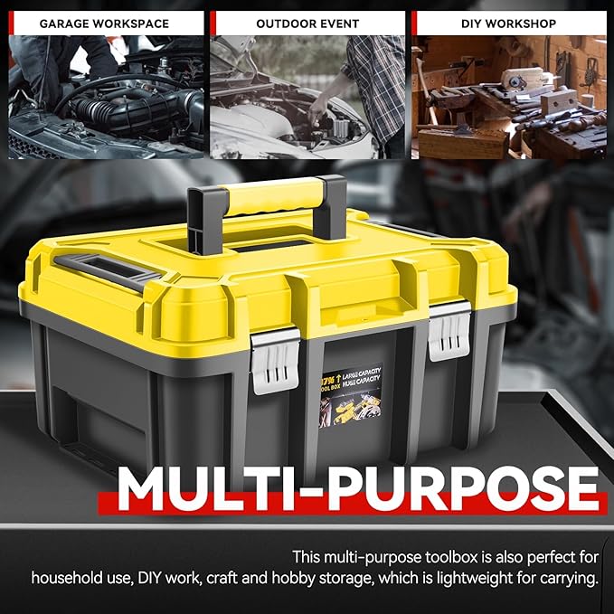 Auto Dynasty 17-Inch Tool Box, 2Pcs Toolboxes Organizer Storage with Removable Tray and Portable Handle for Garage Workshop Home Office Car Trunk, Yellow