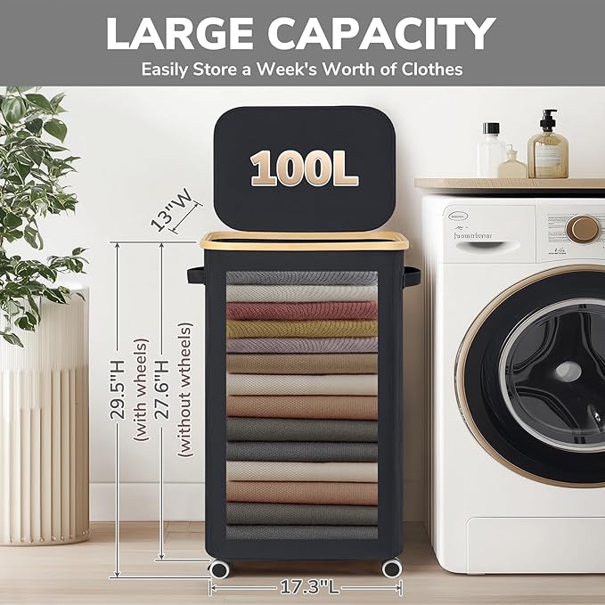 Goodpick 100L Large Rolling Laundry Basket with Wheels and Lid, Black | 17.3" × 13" × 29.5" Collapsible Laundry Hamper for Clothes & Blankets Storage, Removable Wash Bag, Bathroom Organization