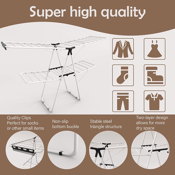 Maomo 33-Rod Extra Large Clothes Drying Rack, Foldable Double-Layer Laundry Rack with Sock Clips, Heavy-Duty Steel for Indoor & Outdoor Use, No Assembly.
