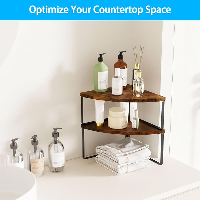 Golener Kitchen Corner Shelf, Corner Spice Rack, Counter Shelf, Stackable | Kitchen Counter Organizer, Plate Organizer for Cabinet, 2-Tier Corner Countertop Shelf, Corner Desk Shelf, Rustic Brown