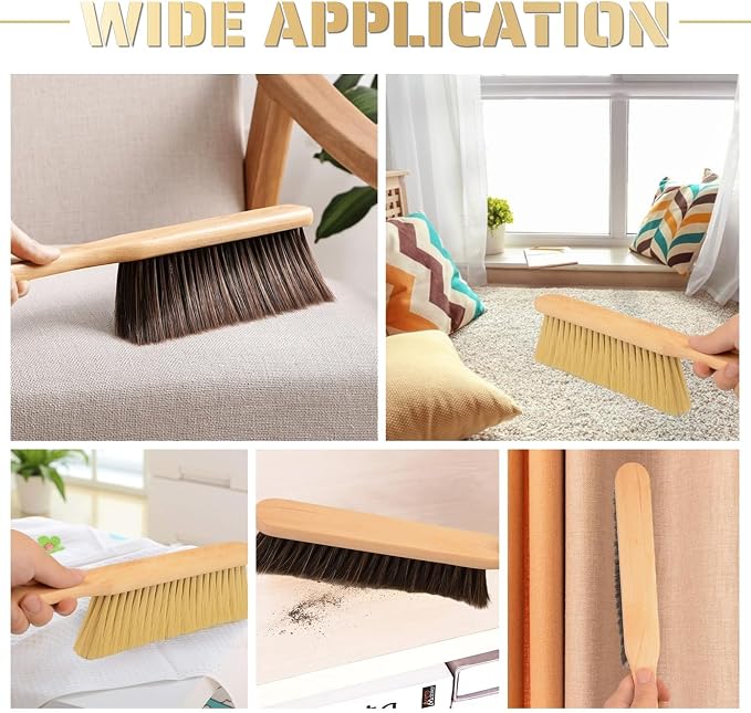2 Pieces Woooden Dust Brush Hand Broom Bench Brush with Long Wood Handle Whisk Broom Soft Bristle Brush for Counter Bed Sofa Car Fireplace Clothes Household Cleaning