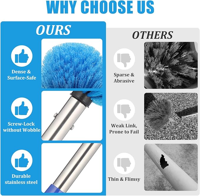 Cobweb Duster with Extension Pole - 8 FT Lightweight Stainless Steel Extendable Duster Ceiling Fan Duster for High Ceilings, Medium Stiff PET Bristle Spider Web Brush for Indoor/Outdoor Cleaning