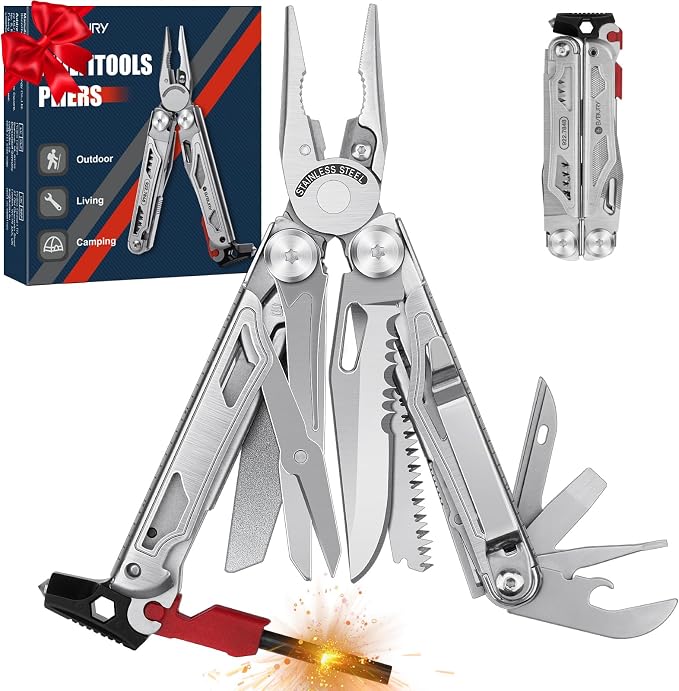 BIBURY 22-in-1 Multitool Pliers With Fire Starter & Whistle, BI2038B | Pocket Knife, Window Breaker, Self-Locking, EDC Multi Tool with Back Clip & Sheath, For Survival Camping Hiking
