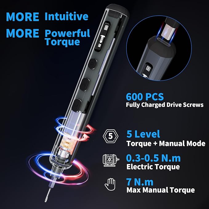 STREBITO Mini Electric Screwdriver, 70 in 1 Small electric screwdriver Set | 5 Upgraded Torque & Indicator, 64 S2 Preicison Bits, 4 LED Lights, Mini Power Screwdriver Repair Tool Kit for PC Electronic